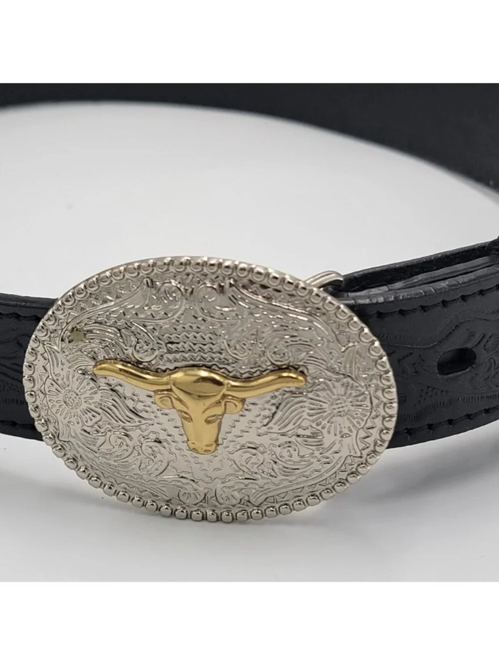 VTG Western Cowboy  Youth 3D Genuine Leather Black Belt With Silver & Gold Longh